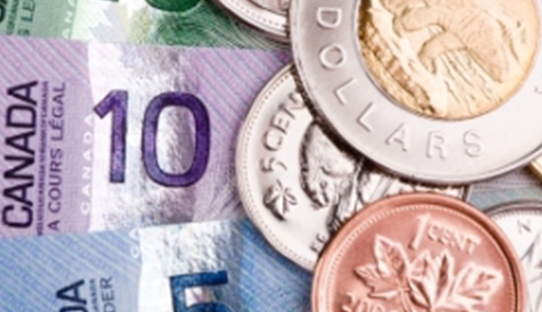 Canadian currency and coins representing the cost and pricing for Brampton Women's Clinic services.