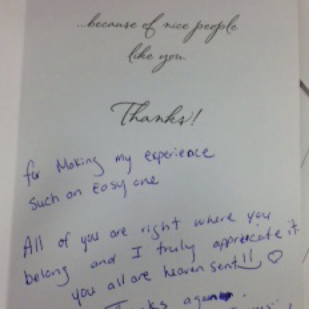 bwc-testimonials-6 Handwritten thank you note from a patient titled "Because of nice people like you" for Brampton Women's Clinic.