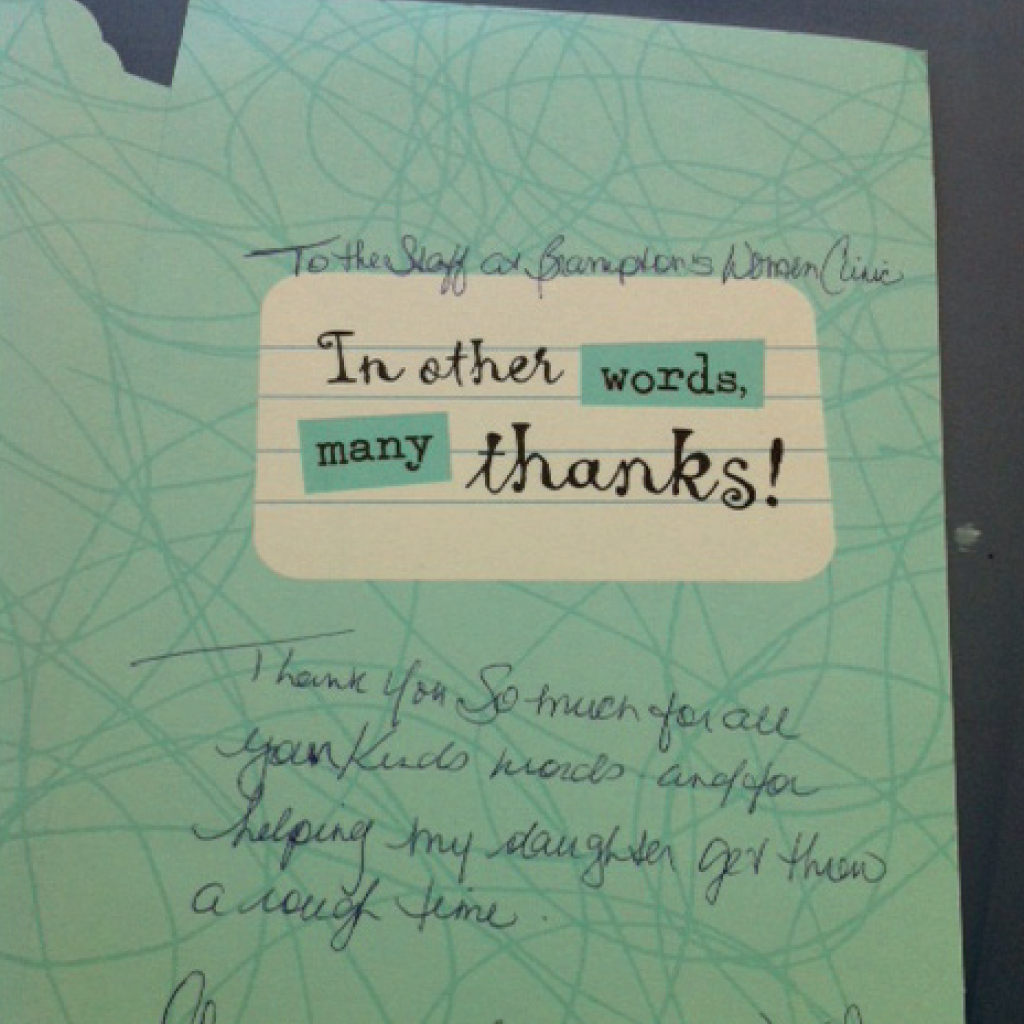 bwc-testimonials-7 Personal thank you card on teal paper sent to the staff at Brampton Women's Clinic.