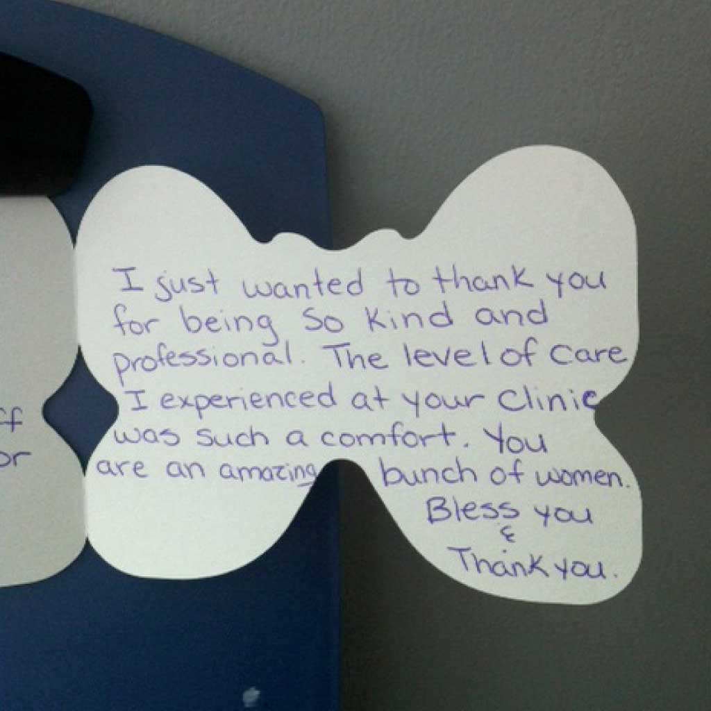 testimonial-brampton-womens-clinic-ontario-abortion-clinic-testimonial-01 Butterfly-shaped handwritten thank you note from a grateful patient at Brampton Women's Clinic.