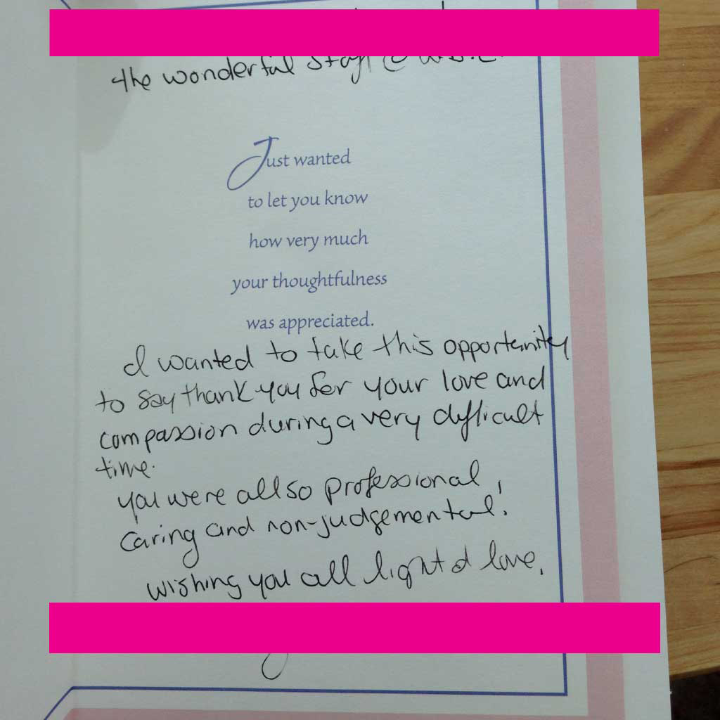 testimonial-brampton-womens-clinic-ontario-abortion-clinic-testimonial-02 Personal note of thanks on a pink-bordered card for the staff at Brampton Women's Clinic.