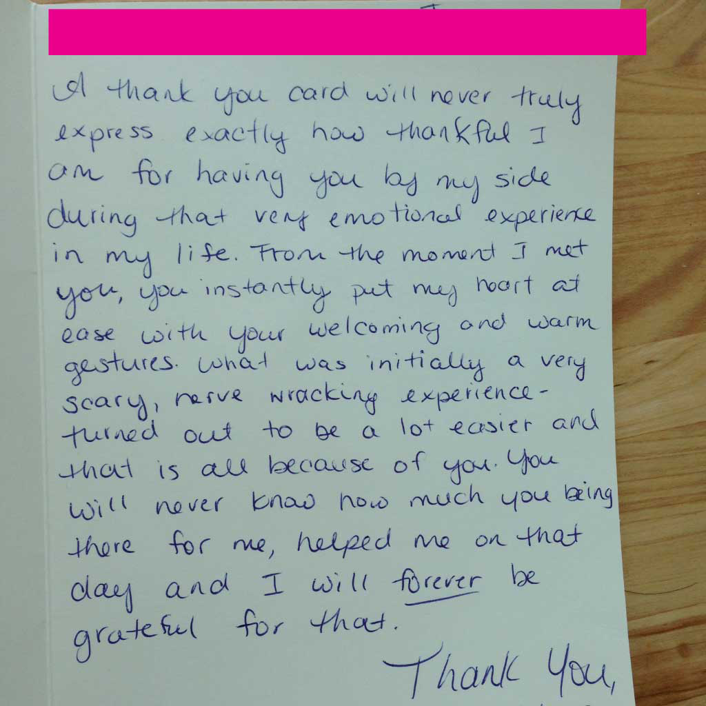 testimonial-brampton-womens-clinic-ontario-abortion-clinic-testimonial-03 Handwritten letter on lined paper thanking the Brampton Women's Clinic for their professional care.