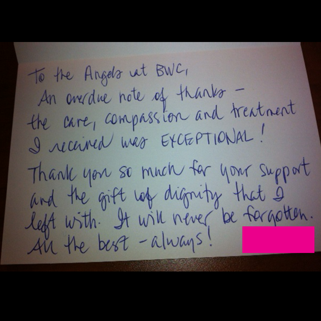 testimonial-brampton-womens-clinic-ontario-abortion-clinic-testimonial-06 Handwritten testimonial on a card expressing gratitude for the professionalism at the clinic.