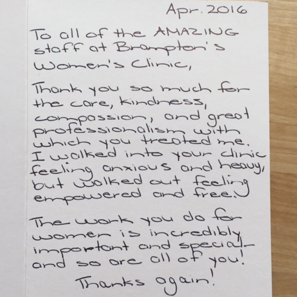 testimonial-brampton-womens-clinic-ontario-abortion-clinic-testimonial-15 Detailed handwritten testimonial letter expressing thanks to the Brampton Women's Clinic medical team.