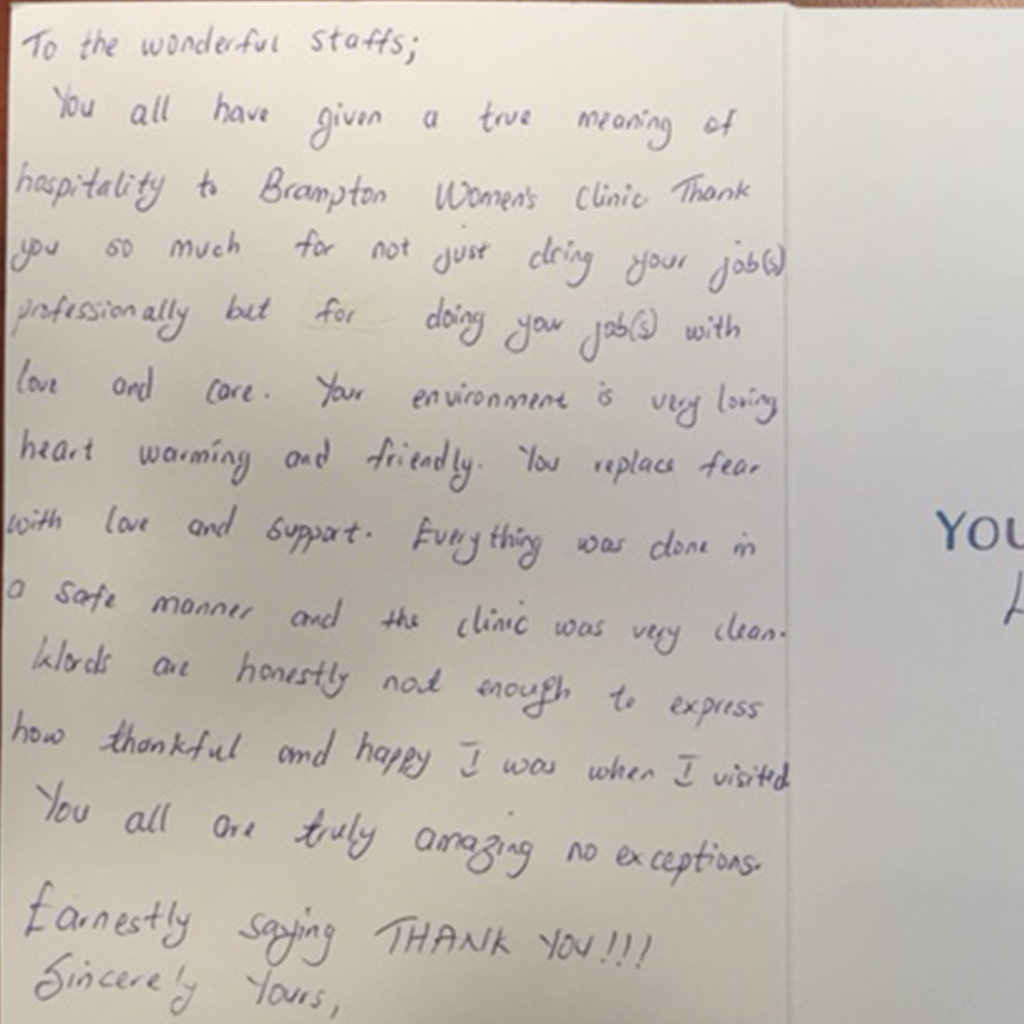 testimonial-brampton-womens-clinic-ontario-abortion-clinic-testimonial-17 Handwritten letter of gratitude from a patient regarding their experience at Brampton Women's Clinic.
